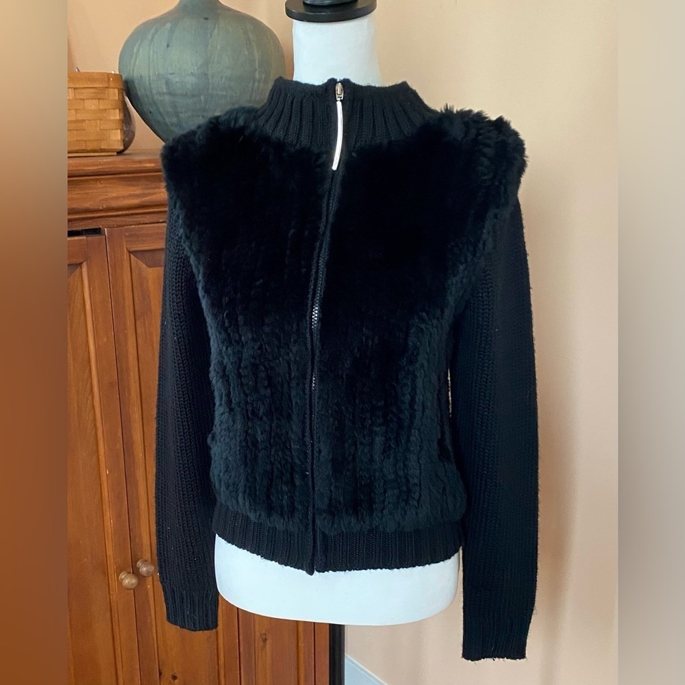 Vintage 90’s Boutique Europa Black Faux fur and wool Sweater Zip up